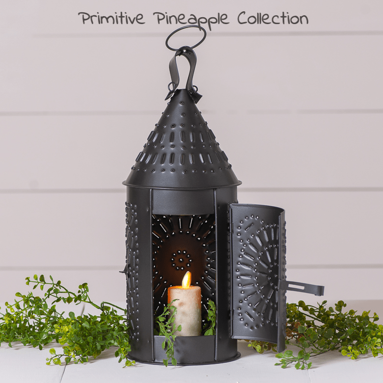 Primitive Punched Tin 15-Inch Candle Lantern Smokey Black - The Primitive Pineapple Collection
