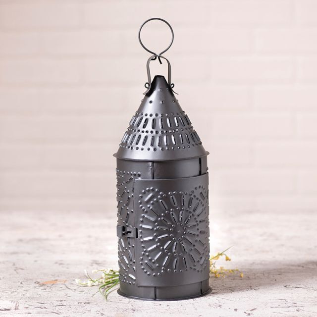 Primitive Punched Tin 15-Inch Candle Lantern Smokey Black - The Primitive Pineapple Collection