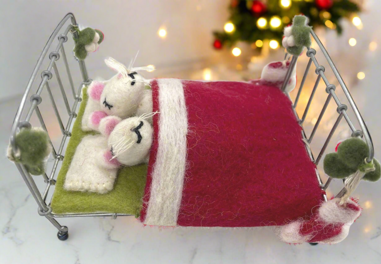 Primitive Farmhouse Christmas Felted Mice in Bed waiting on Santa Handcrafted - The Primitive Pineapple Collection