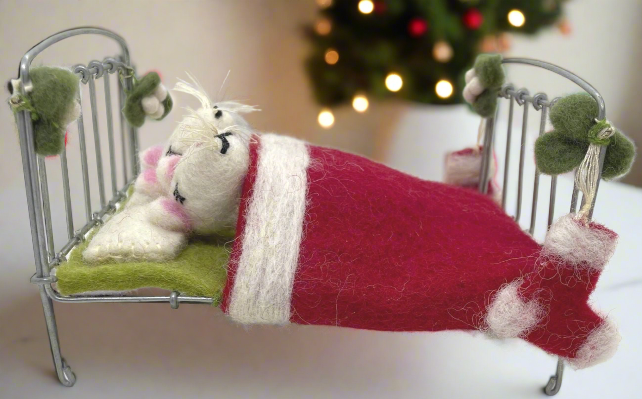 Primitive Farmhouse Christmas Felted Mice in Bed waiting on Santa Handcrafted - The Primitive Pineapple Collection