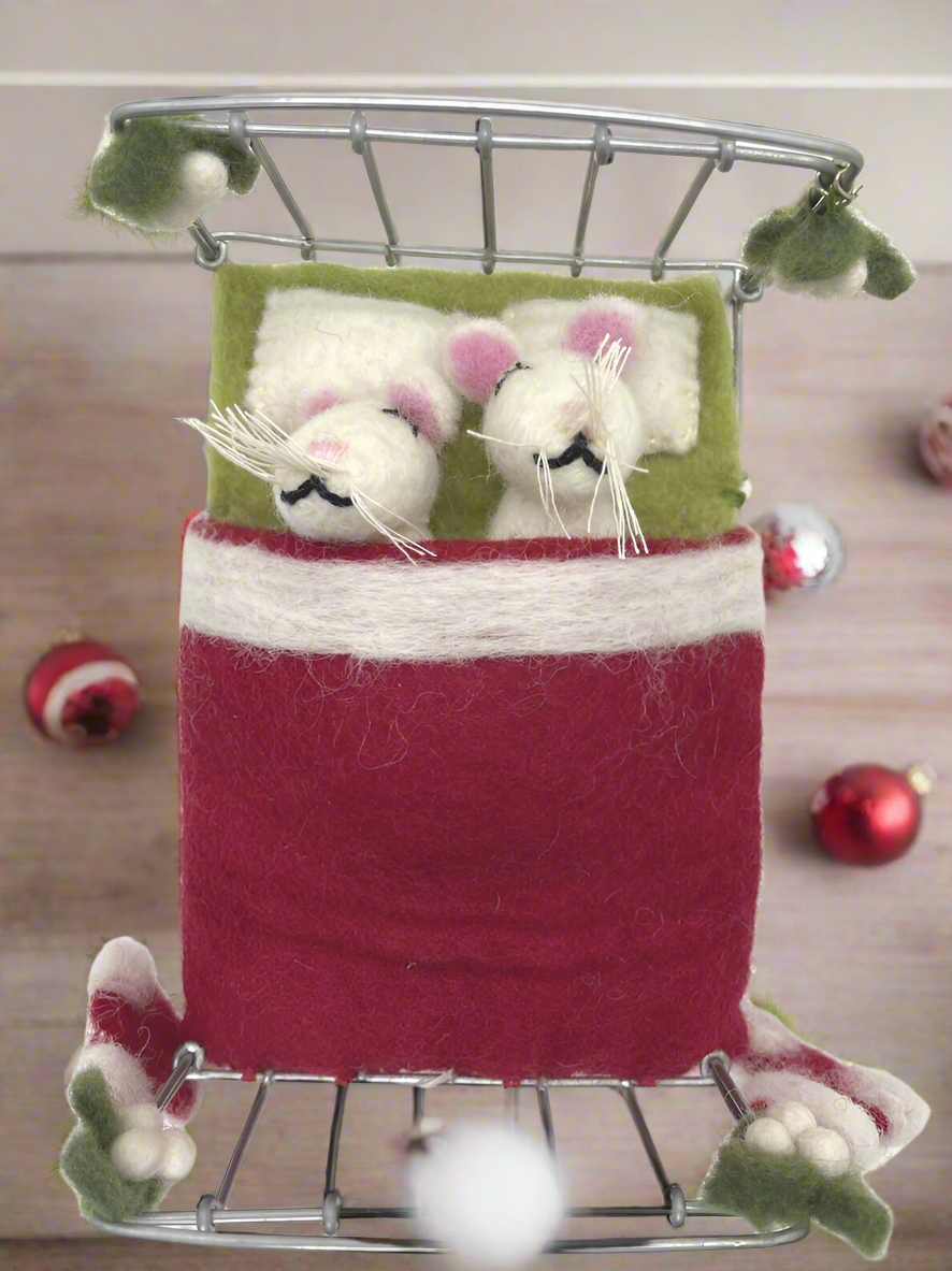 Primitive Farmhouse Christmas Felted Mice in Bed waiting on Santa Handcrafted - The Primitive Pineapple Collection