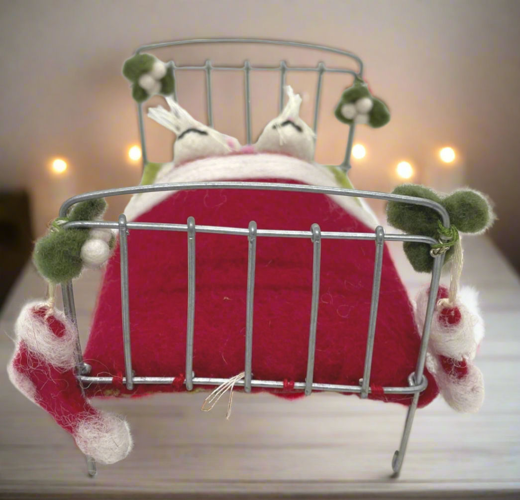 Primitive Farmhouse Christmas Felted Mice in Bed waiting on Santa Handcrafted - The Primitive Pineapple Collection