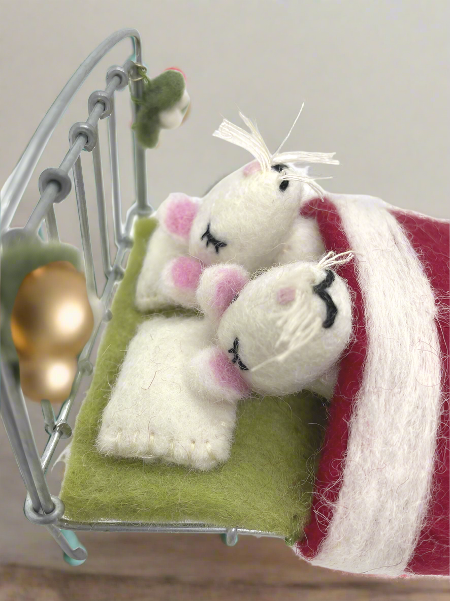 Primitive Farmhouse Christmas Felted Mice in Bed waiting on Santa Handcrafted - The Primitive Pineapple Collection