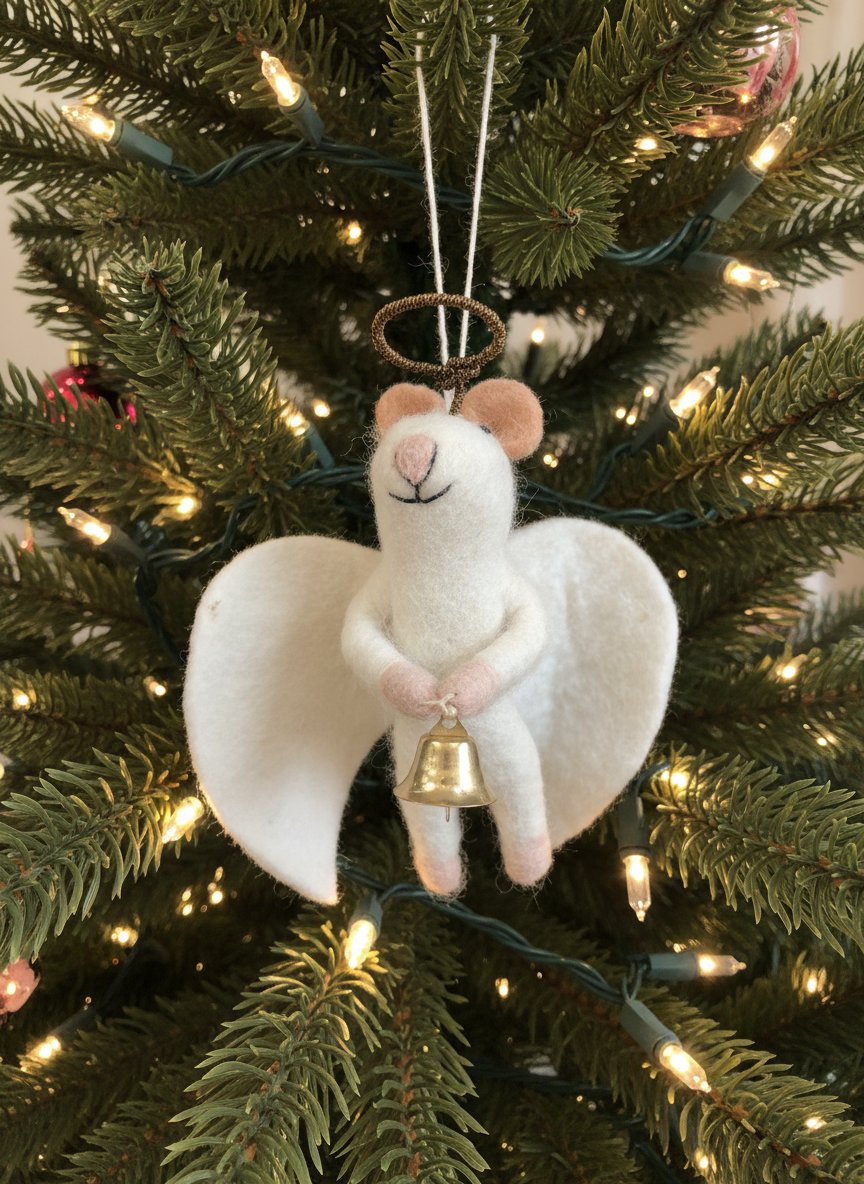 Primitive Handcrafted Wool Felt Christmas Angel Mouse w/ Bell Ornament - The Primitive Pineapple Collection