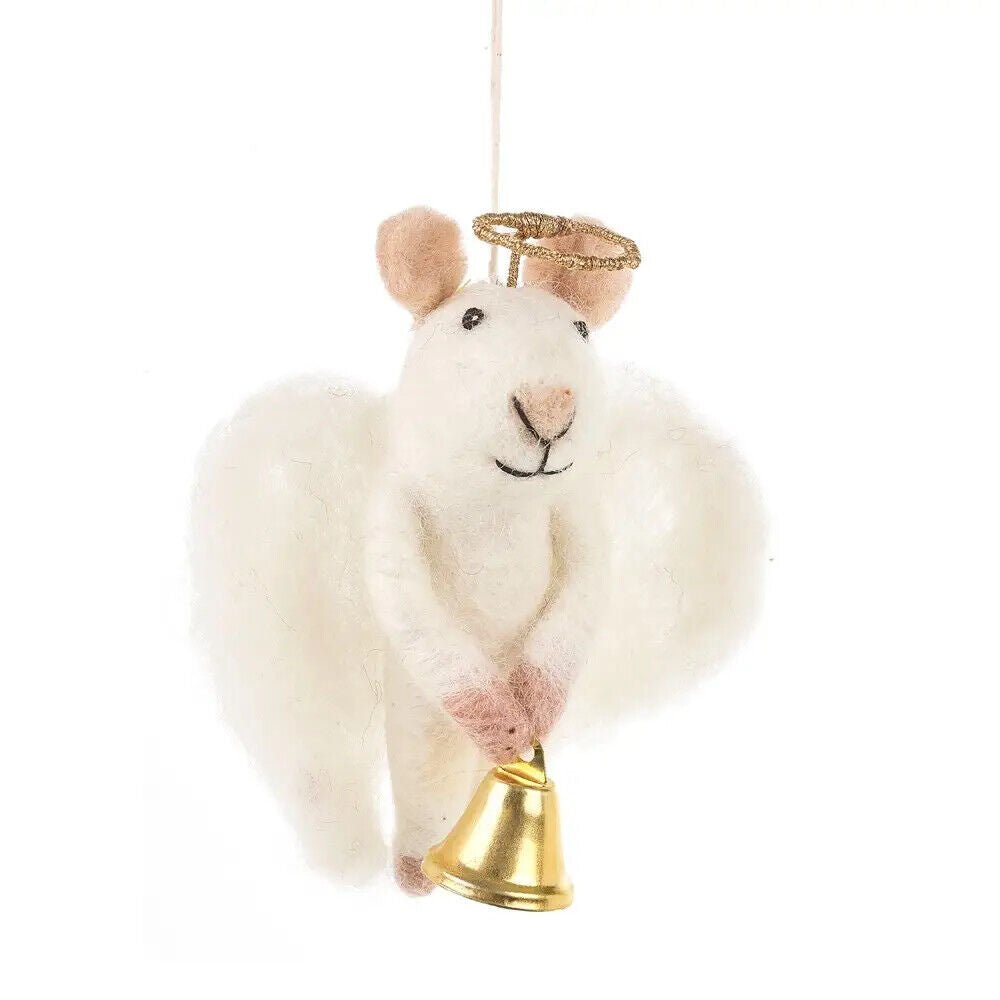 Primitive Handcrafted Wool Felt Christmas Angel Mouse w/ Bell Ornament - The Primitive Pineapple Collection