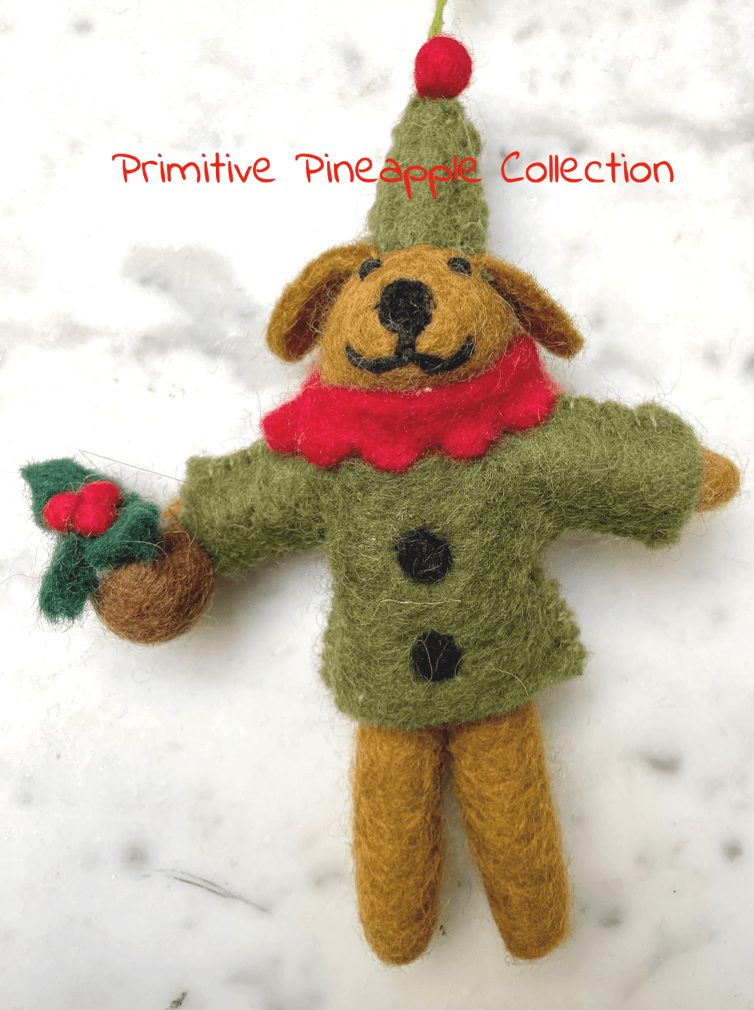 Primitive Handcrafted Wool Felt Christmas Dog w/ Holiday Pudding Ornament - The Primitive Pineapple Collection