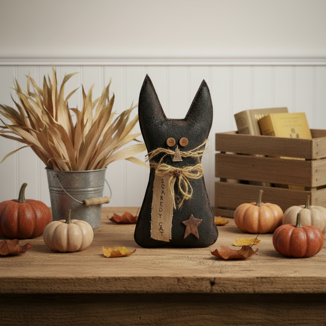 Primitive Farmhouse 9.5" Black Scaredy Cat Fabric Shelf Sitter Doll - The Primitive Pineapple Collection