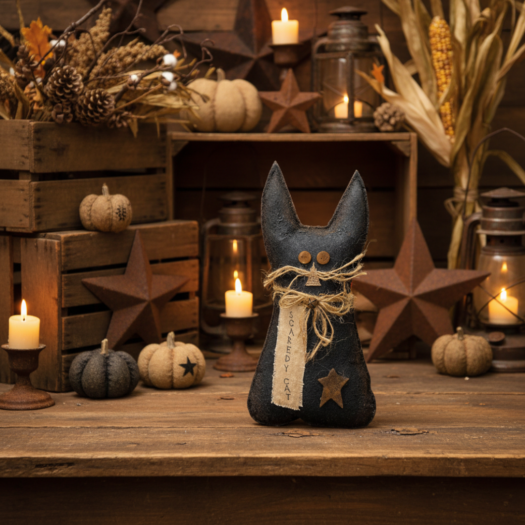 Primitive Farmhouse 9.5" Black Scaredy Cat Fabric Shelf Sitter Doll - The Primitive Pineapple Collection