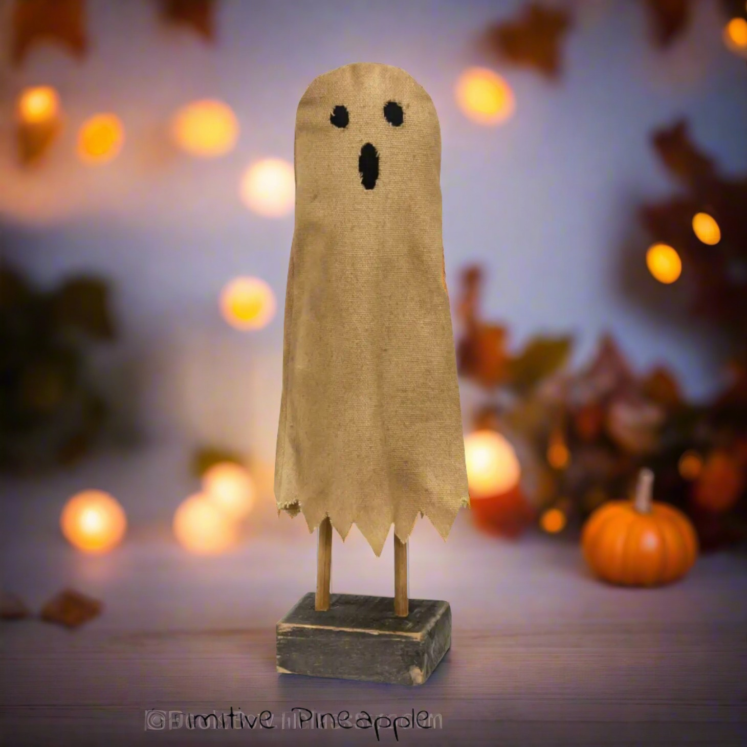 Primitive Country Halloween Fabric Ghost on Stand Standing Figurine 9.5"