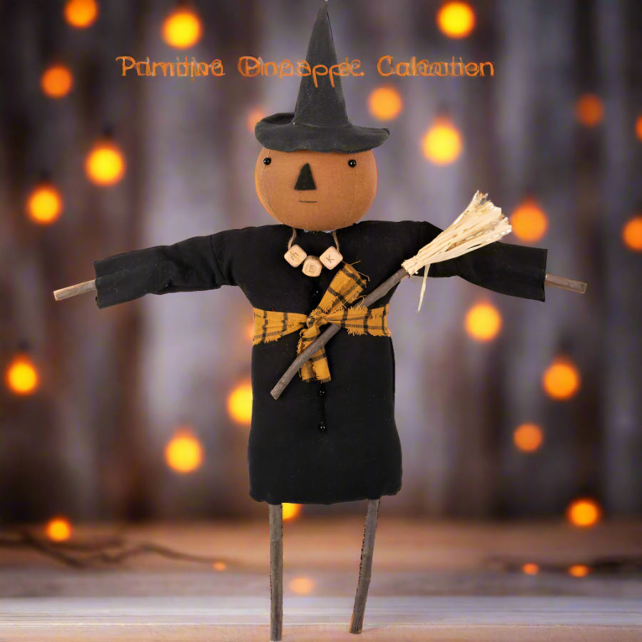 Primitive Farmhouse Halloween 17" Pumpkin Witch Doll with Broom