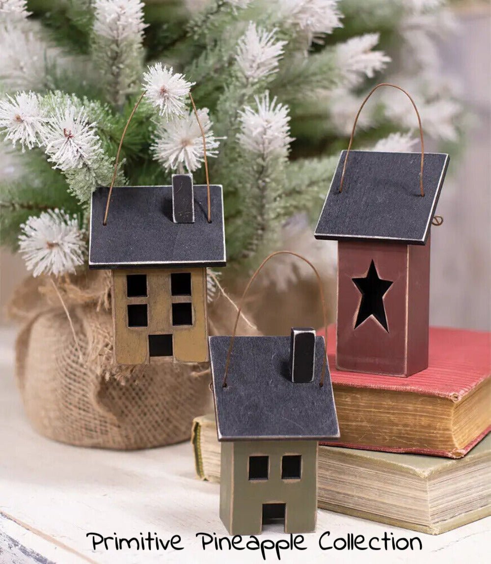 Primitive Rustic Farmhouse Wood Saltbox House Ornaments 3pc Set - The Primitive Pineapple Collection