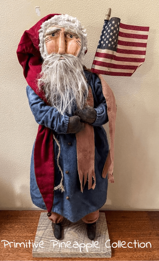 Primitive Early American Blue Suit USA Santa Flag Clay Face Doll Stand 21&quot; - The Primitive Pineapple Collection