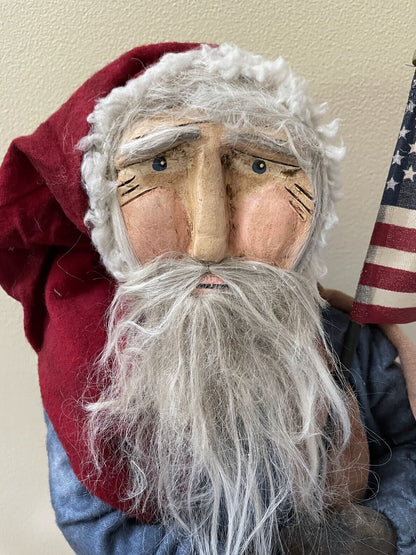 Primitive Early American Blue Suit USA Santa Flag Clay Face Doll Stand 21&quot; - The Primitive Pineapple Collection