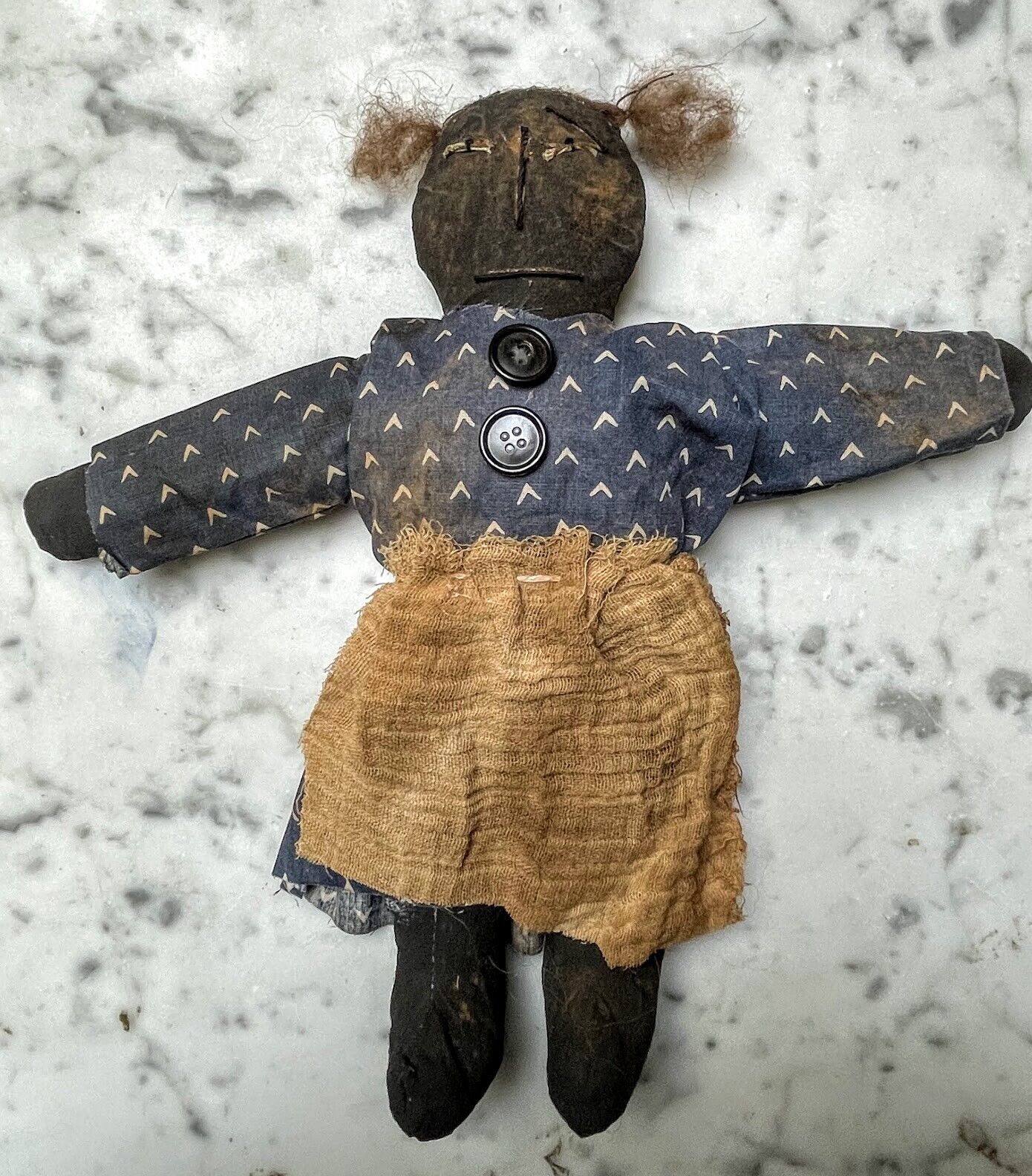 Primitive Farmhouse 12" Libby Black Rag Doll Dress and Apron Handcrafted - The Primitive Pineapple Collection