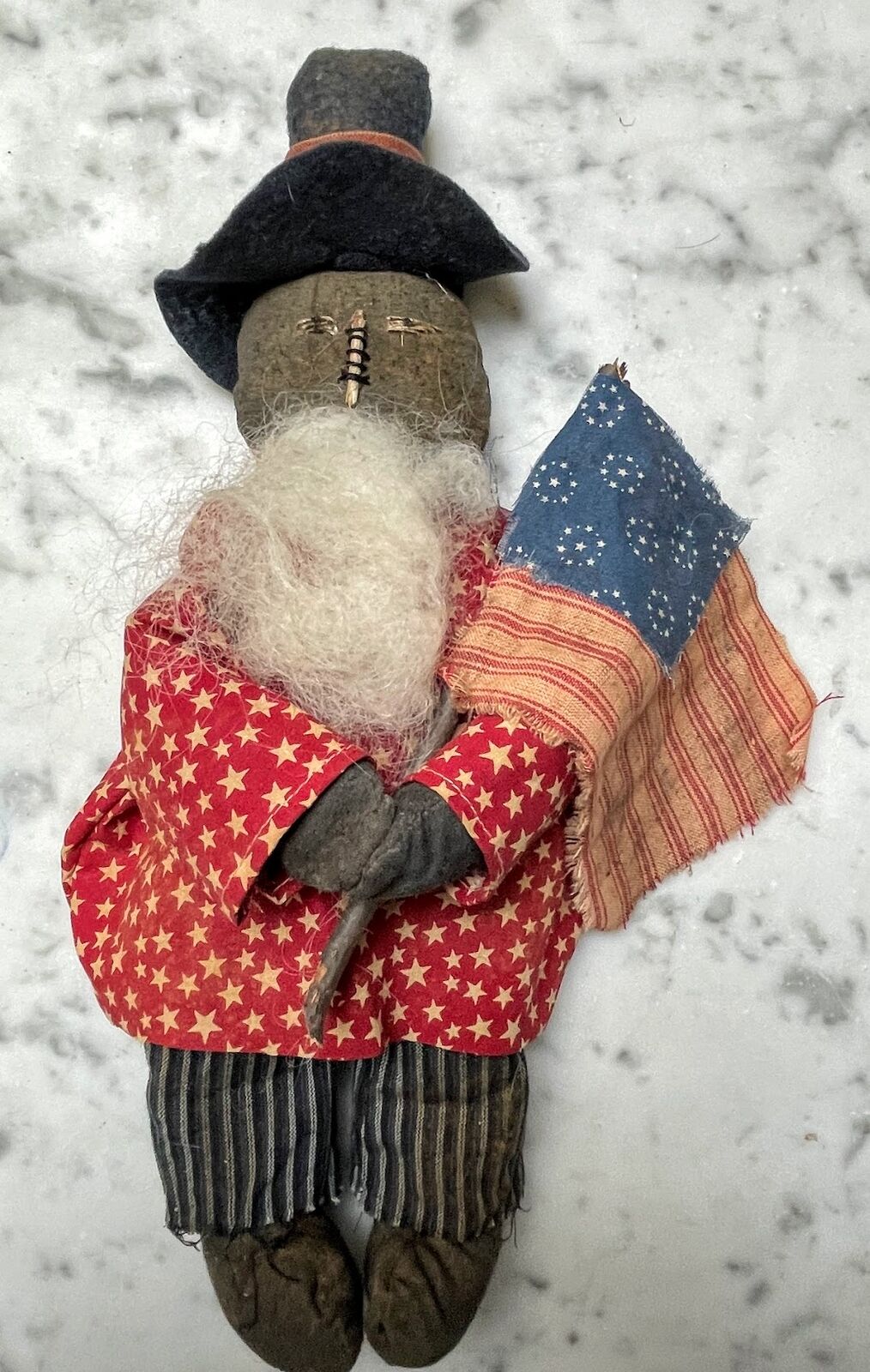 Primitive Early American Patriotic Americana Black Uncle Sam Doll w/ Flag 14" - The Primitive Pineapple Collection