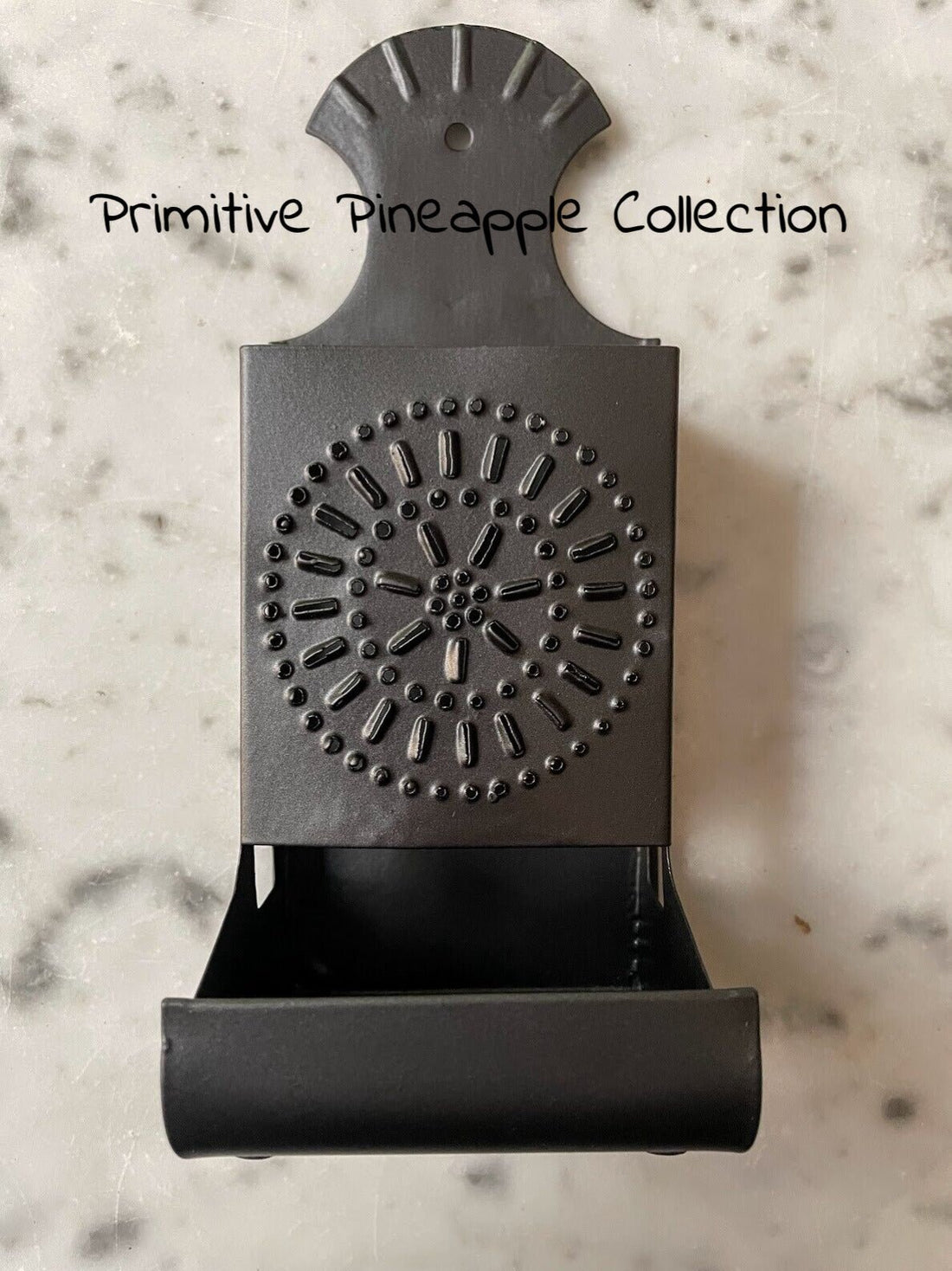 Primitive Colonial Wall Decor Black Punched Tin Matchbox Holder 8&quot; - The Primitive Pineapple Collection