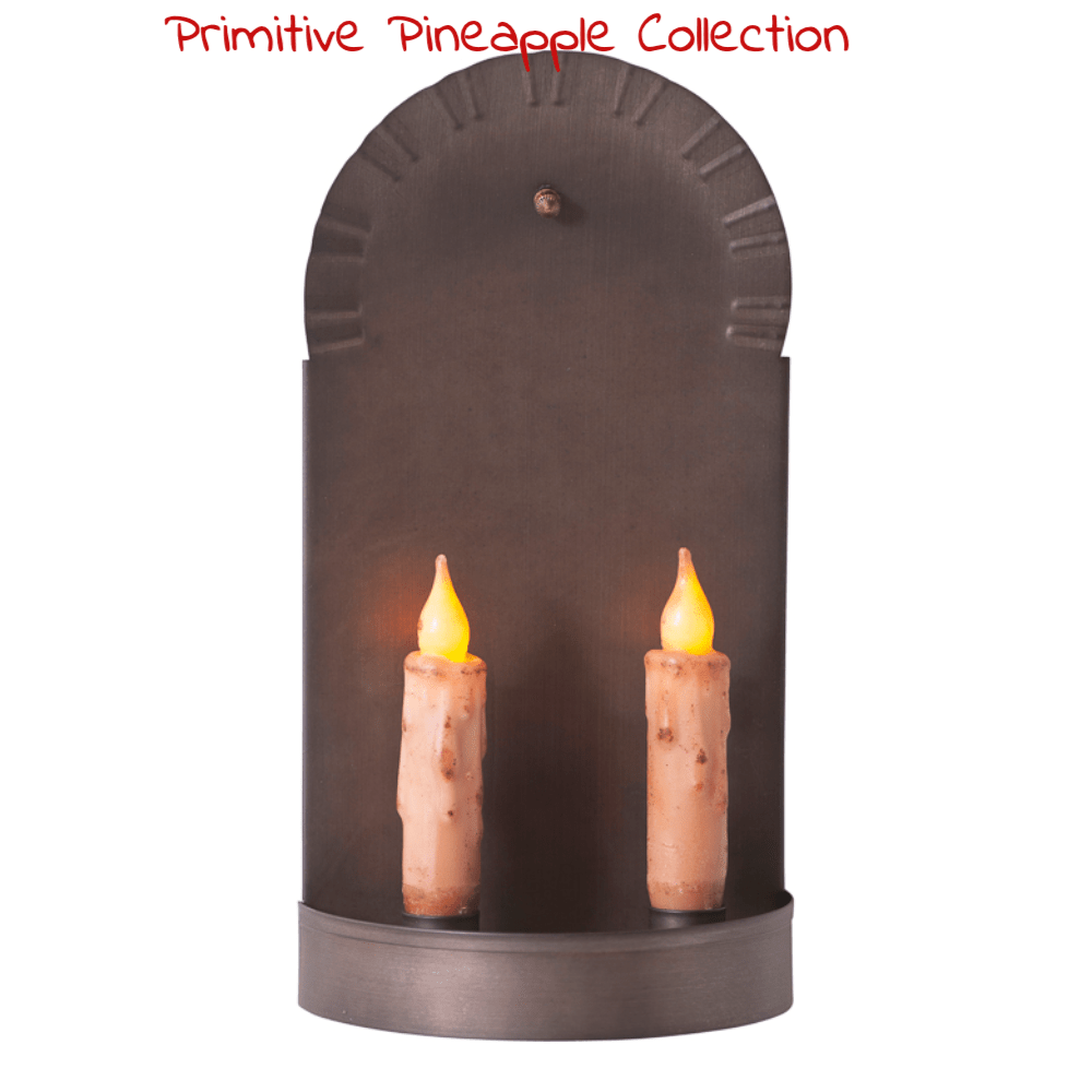 Primitive Colonial Tin 11.5&quot; 2 Taper Candle Wall Sconce - The Primitive Pineapple Collection