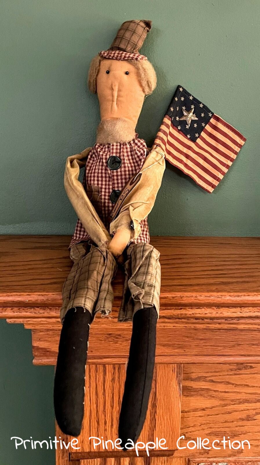 Primitive Farmhouse 22&quot; Americana Uncle Sammy Rag Doll with Flag - The Primitive Pineapple Collection