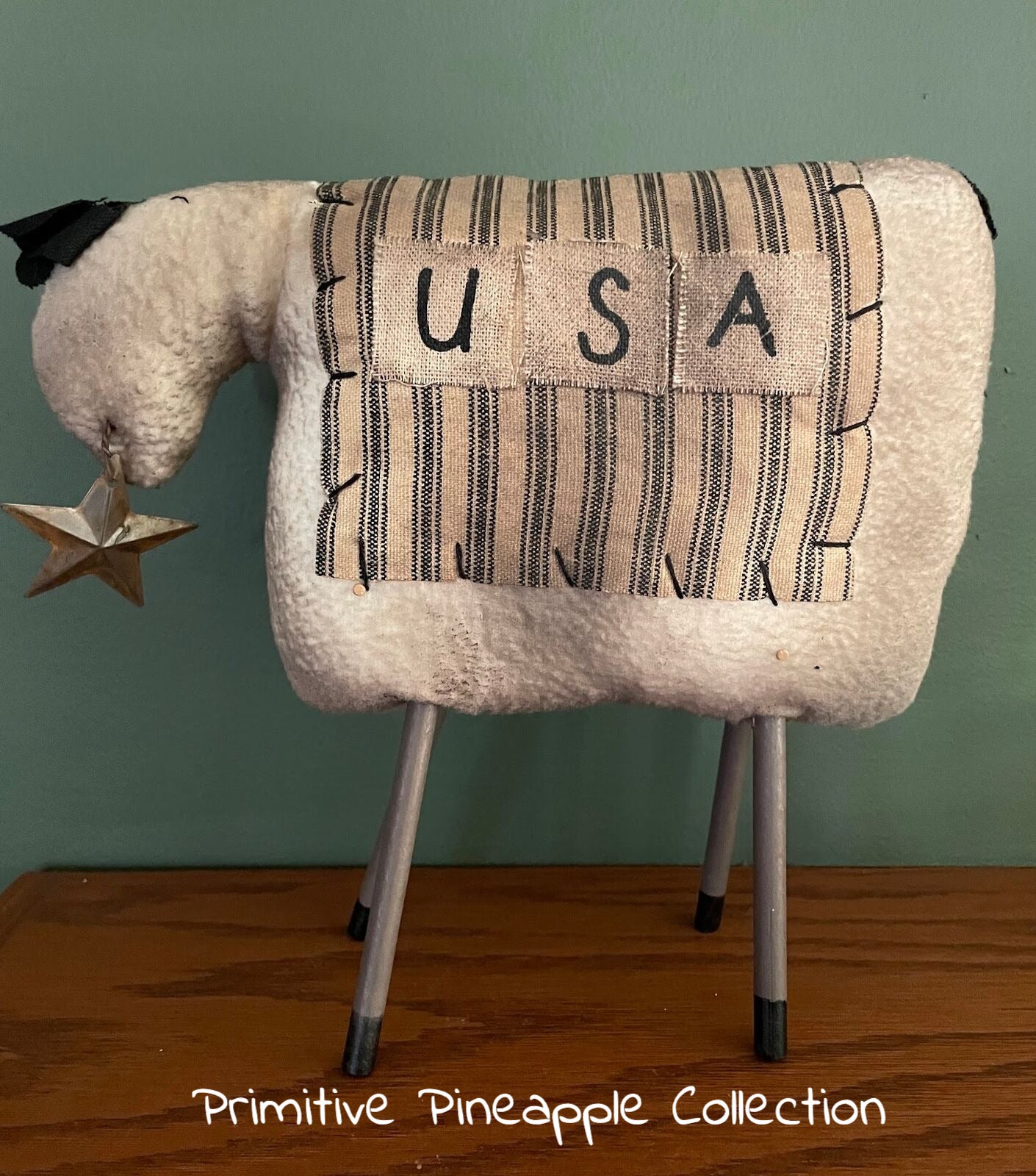 Primitive Farmhouse 9.5" USA Fabric Sheep With Star Shelf Sitter - The Primitive Pineapple Collection