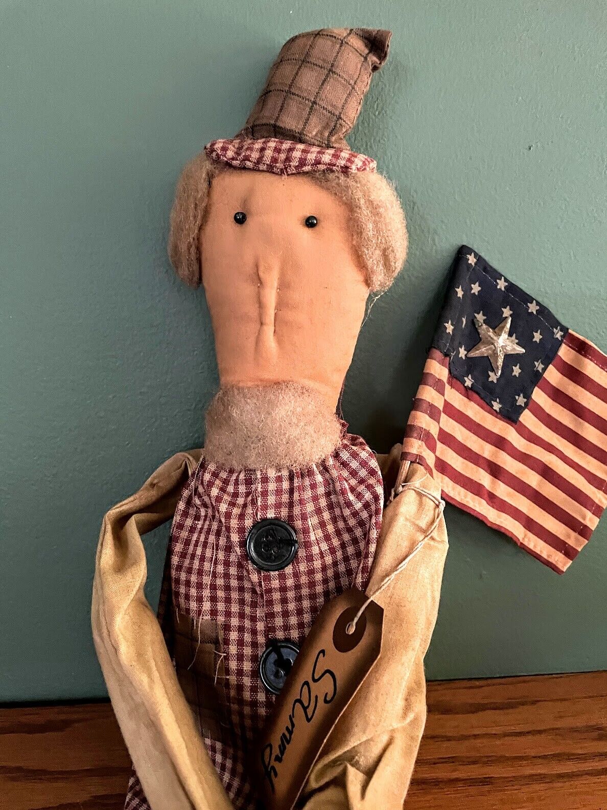 Primitive Farmhouse 22" Americana Uncle Sammy Rag Doll with Flag - The Primitive Pineapple Collection