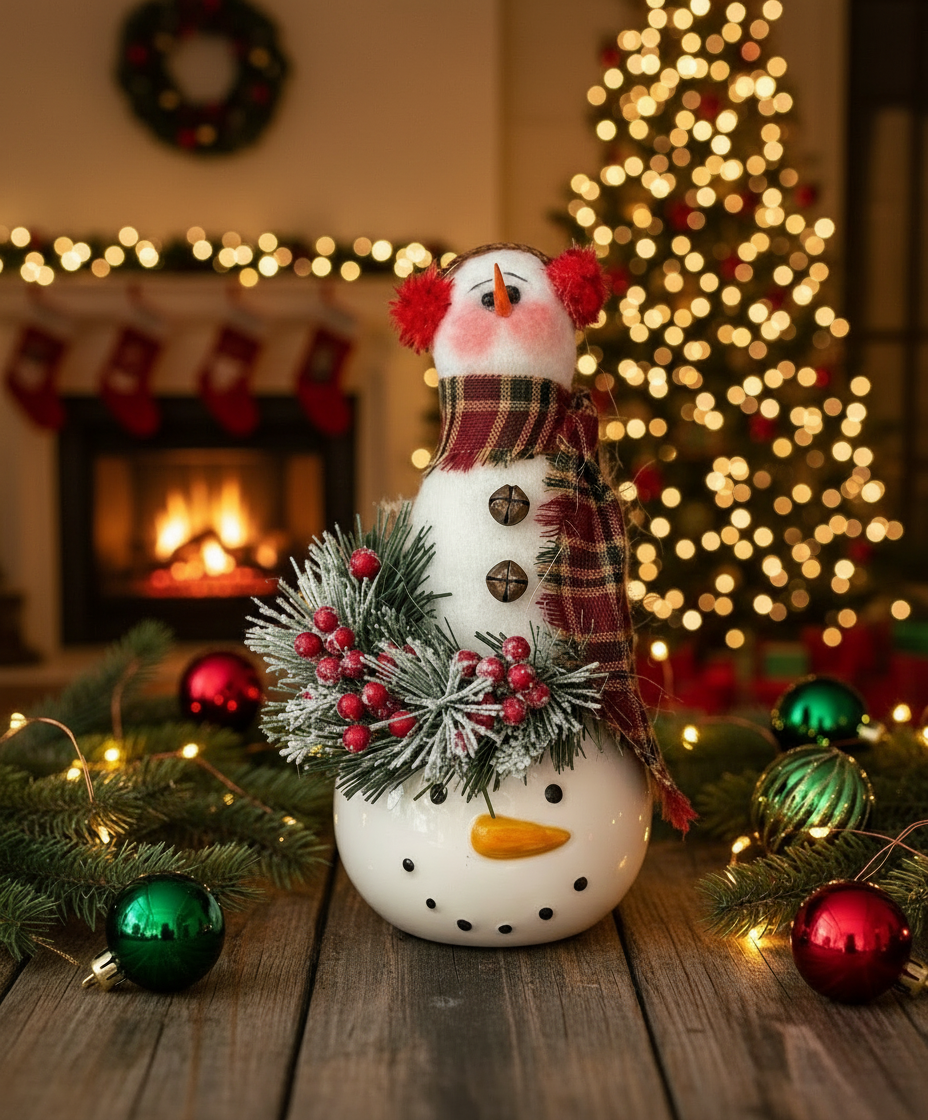 Farmhouse Country Handmade Snowman with Holiday Greens in Snowman Mug - The Primitive Pineapple Collection