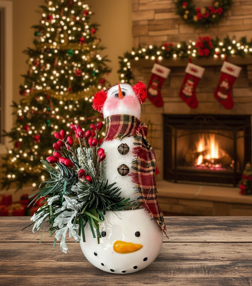 Farmhouse Country Handmade Snowman with Holiday Greens in Snowman Mug - The Primitive Pineapple Collection