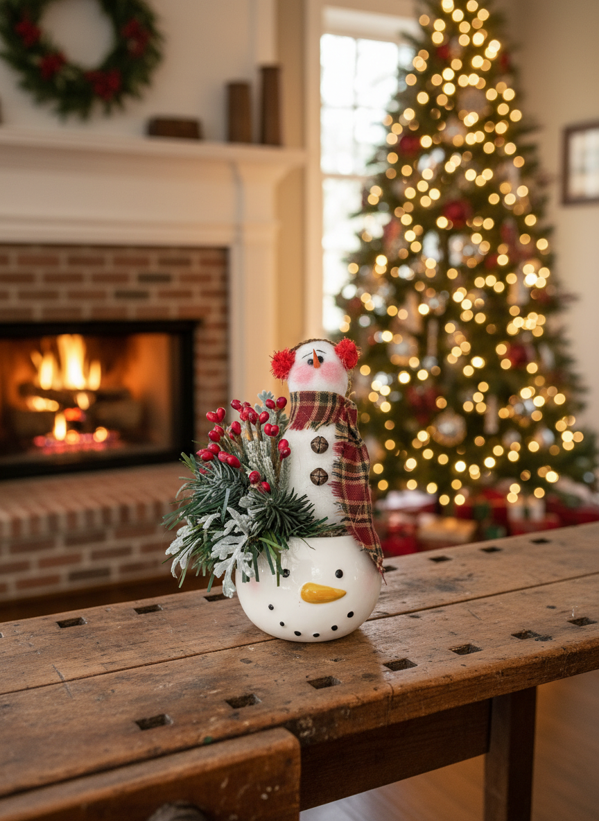 Farmhouse Country Handmade Snowman with Holiday Greens in Snowman Mug - The Primitive Pineapple Collection