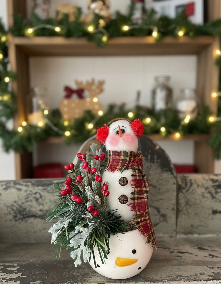 Farmhouse Country Handmade Snowman with Holiday Greens in Snowman Mug - The Primitive Pineapple Collection