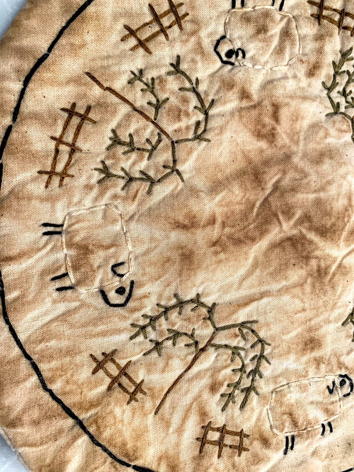 Primitive Handmade Candle Mat Grungy 8" Country Sheep and Willow Tree - The Primitive Pineapple Collection