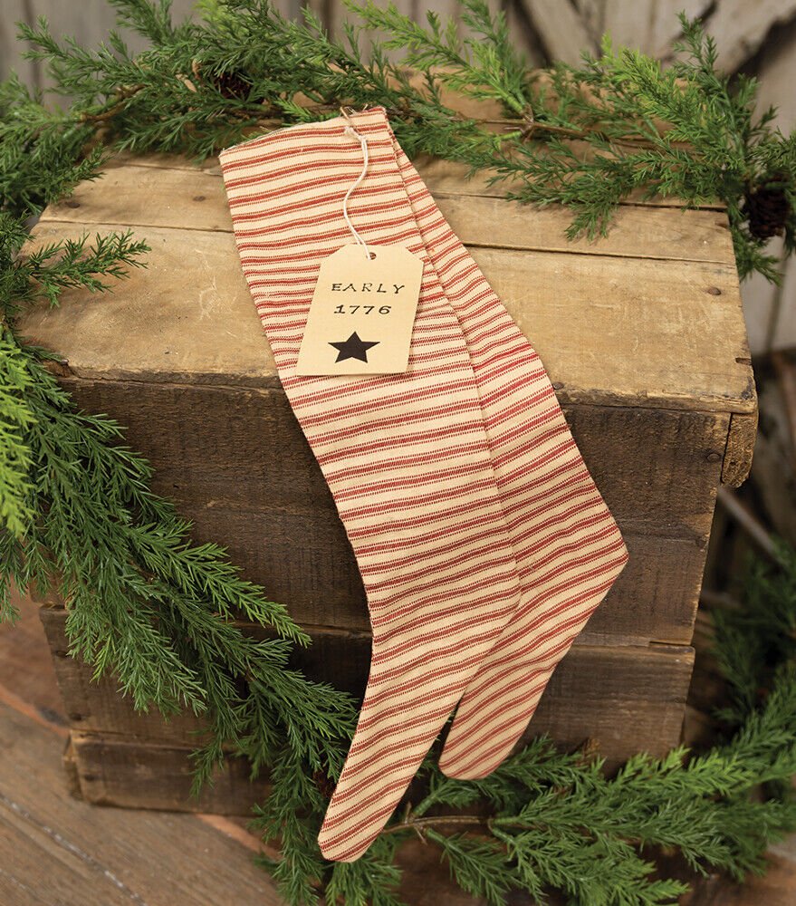 Primitive Christmas 2/Set, Red Ticking Stripe Fabric Stocking Ornament w/ Tag - The Primitive Pineapple Collection
