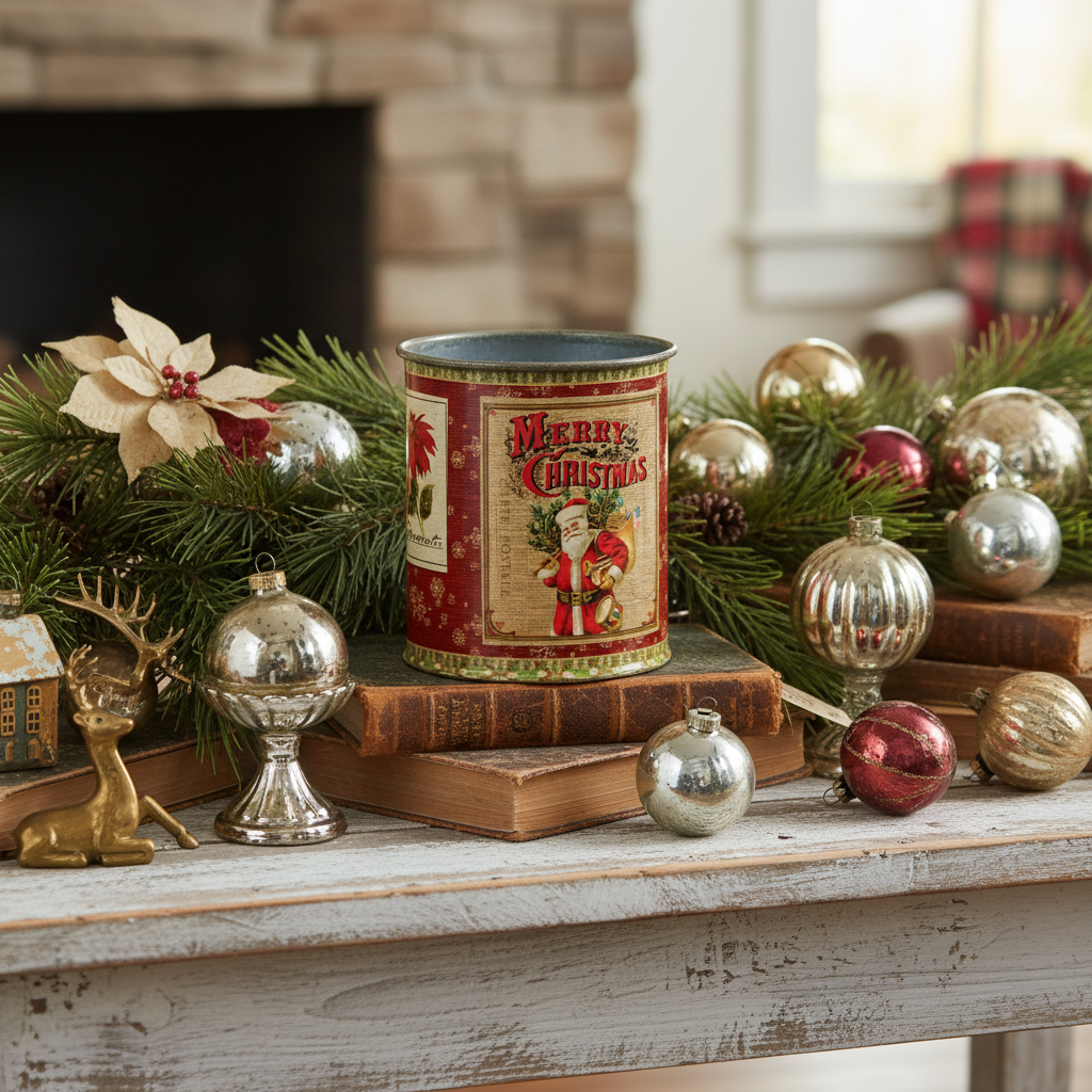Vintage Santa Kris Kringle Tin Can 4" x 3.5" Perfect for Holiday Crafts - The Primitive Pineapple Collection