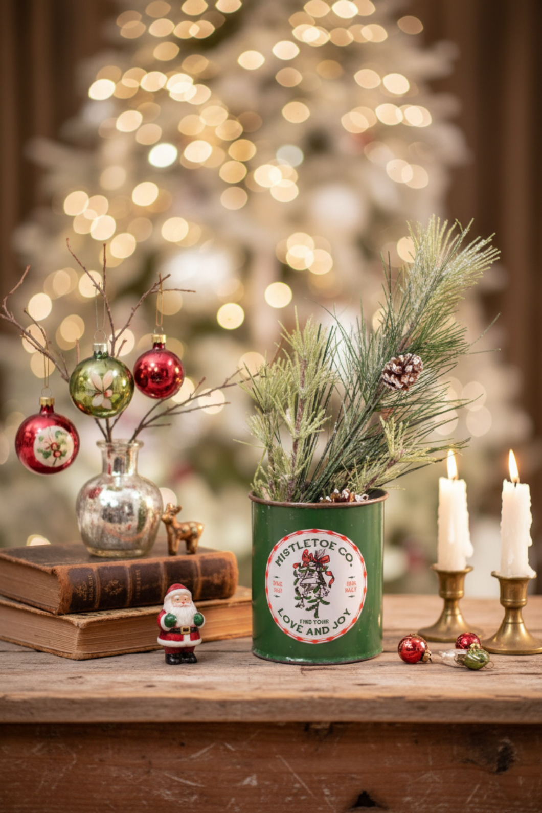 Primitive/ Country Christmas Vintage Tin Cans 2 Styles Holly/Mistletoe Crafts 4" - The Primitive Pineapple Collection