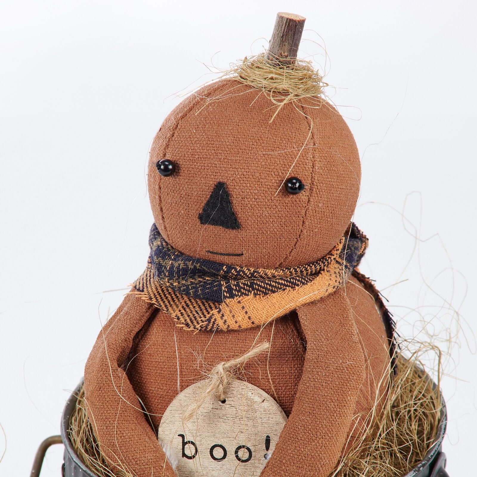 Primitive Country Fall Halloween 12" Boo Bobby Pumpkin Doll In Pail - The Primitive Pineapple Collection