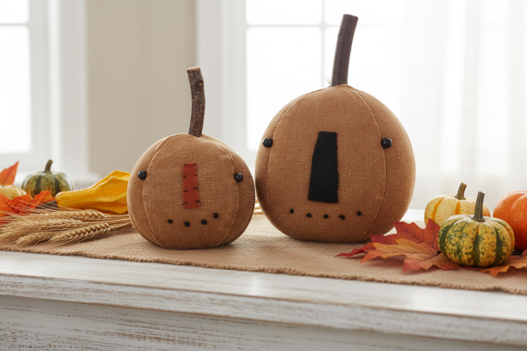 Primitive Country Fall Halloween 2 pc Orange Pumpkin Jack O Lantern w/ Stem Set - The Primitive Pineapple Collection