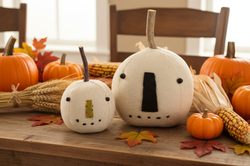 Primitive Country Fall Halloween 2 pc White Pumpkin Jack O Lantern w/ Stem Set