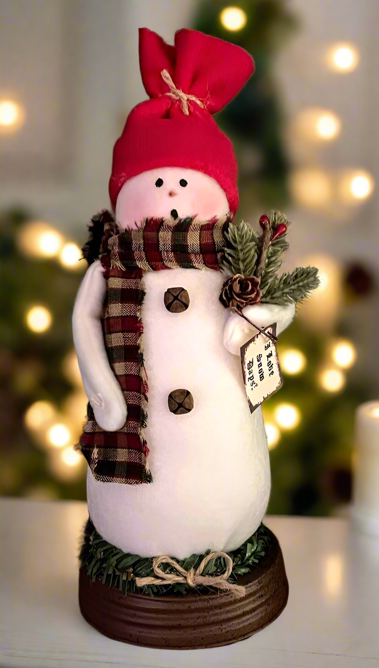 Primitive Handmade Christmas I Love Snow Snowman on Rusty Lid Greens/Berries 8" - The Primitive Pineapple Collection