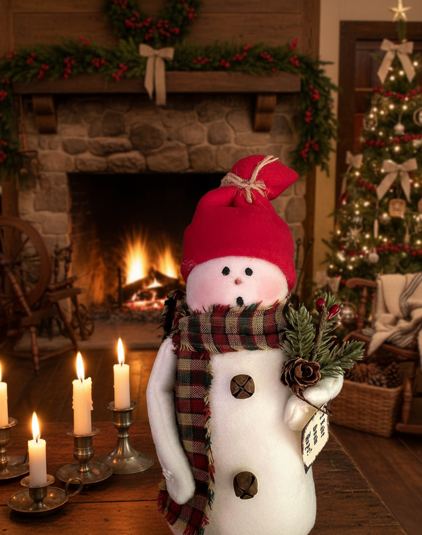 Primitive Handmade Christmas I Love Snow Snowman on Rusty Lid Greens/Berries 8" - The Primitive Pineapple Collection