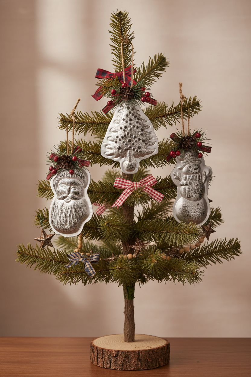 Primitive Christmas 3 pc Silver Faux Mold Ornaments Snowman,Tree, Santa w/Greens