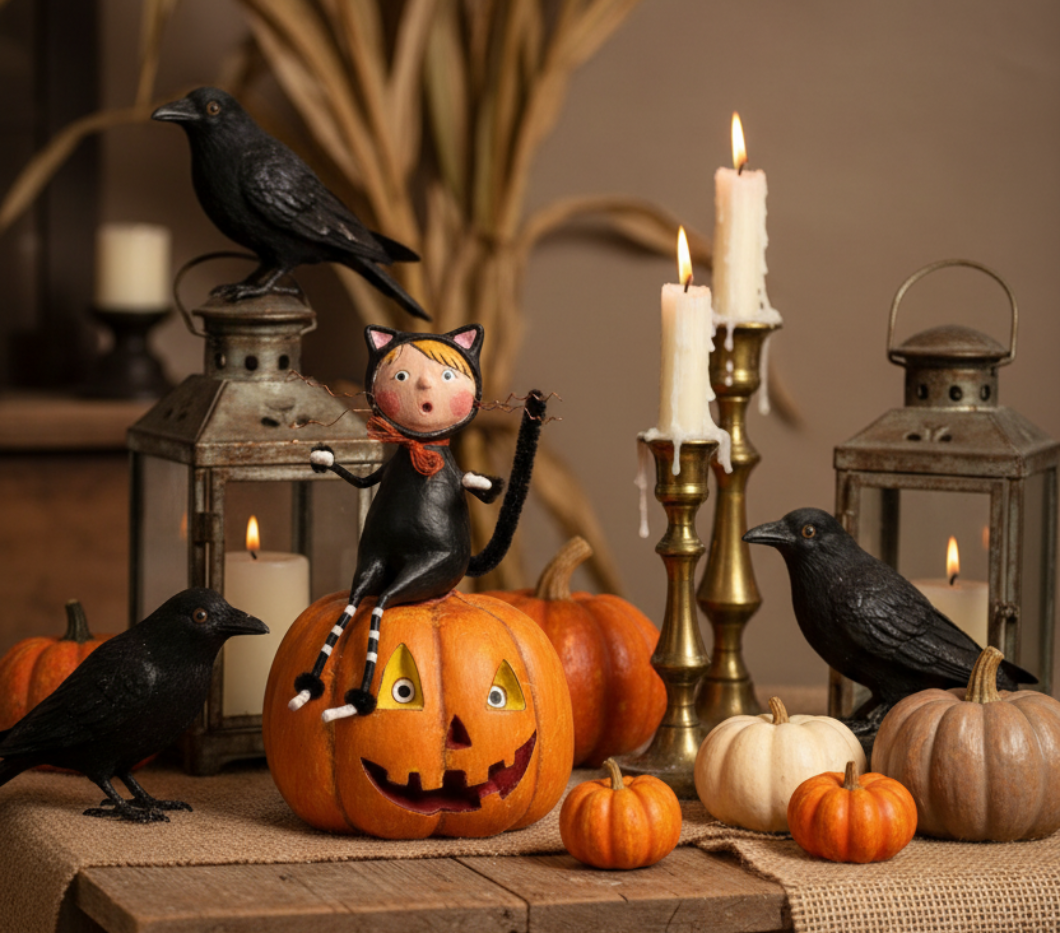 ESC and Company Halloween Cat And Jack Figurine Lori Mitchell 11163 - The Primitive Pineapple Collection