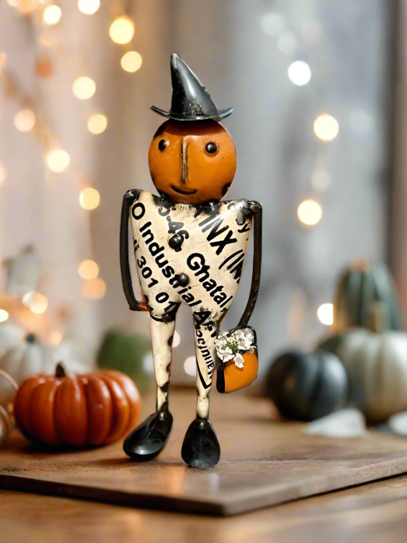 Primitive Halloween Recycled Metal Pauly Pumpkin Man Figurine Vintage Look - The Primitive Pineapple Collection