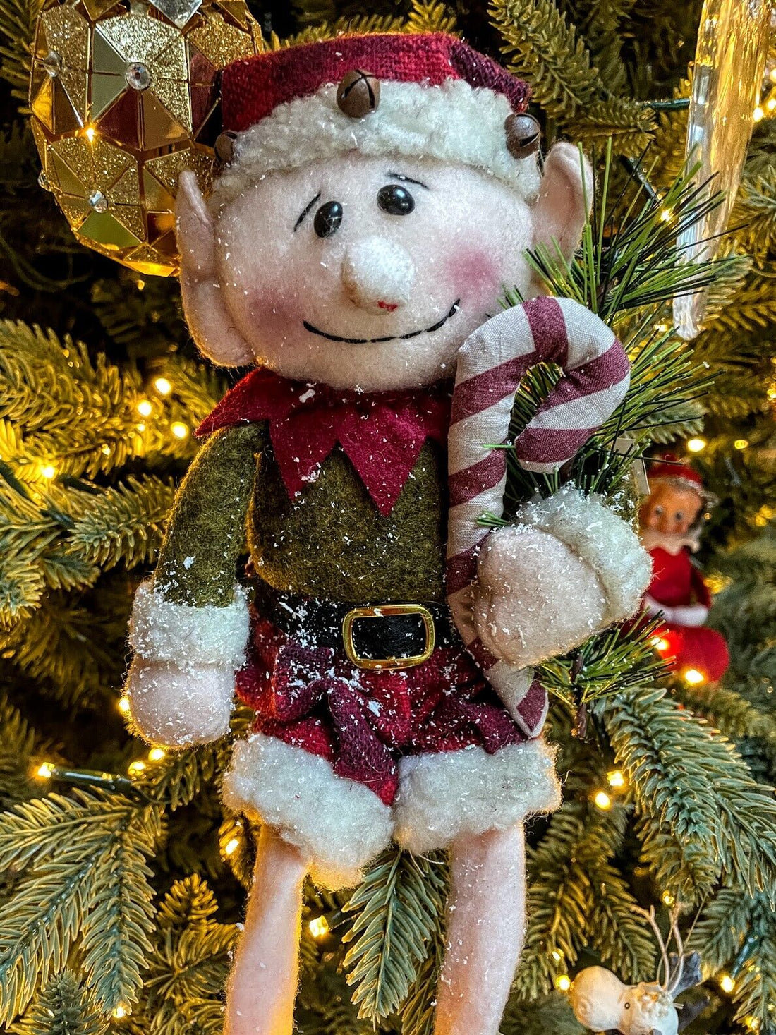 Primitive Christmas Elf with Candy Cane Doll 13.5&quot; L - The Primitive Pineapple Collection