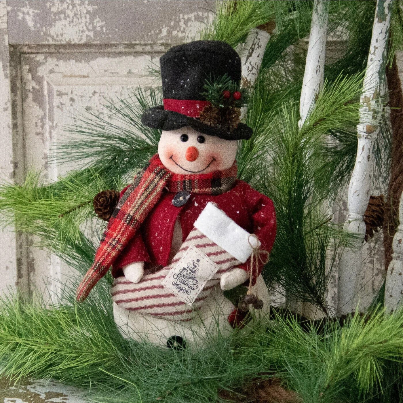 Primitive Christmas Glitter Snowman Doll w/ Stocking and Top Hat 12" - The Primitive Pineapple Collection