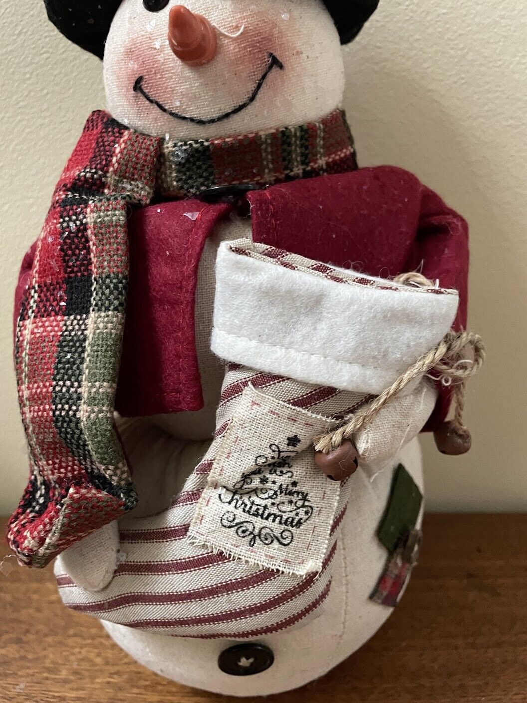 Primitive Christmas Glitter Snowman Doll w/ Stocking and Top Hat 12" - The Primitive Pineapple Collection