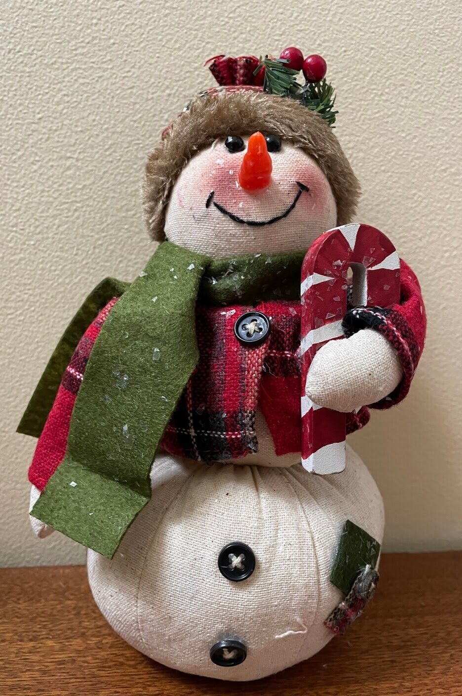 Primitive Christmas Glitter Snowman Doll w/ Candy Cane and Knit Cap 9" - The Primitive Pineapple Collection