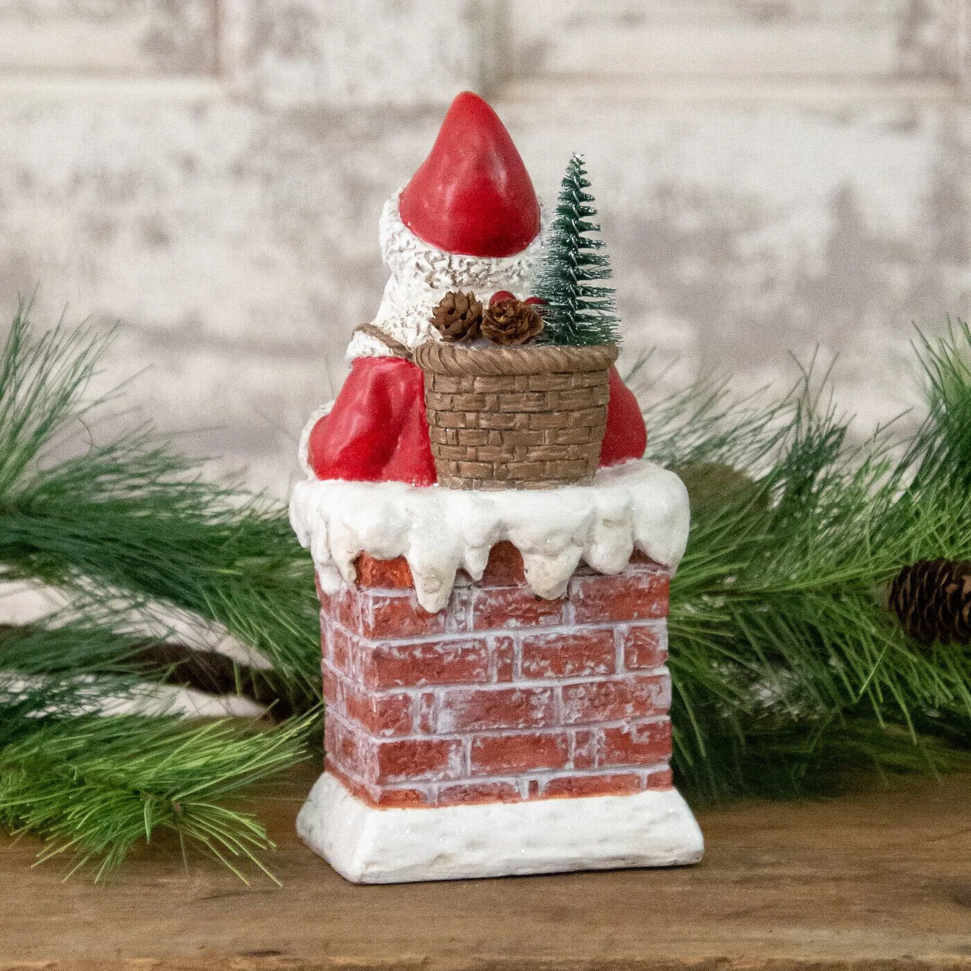 Primitive Christmas Santa in Chimney with Gifts, Bottle Brush Tree Figurine 8" - The Primitive Pineapple Collection