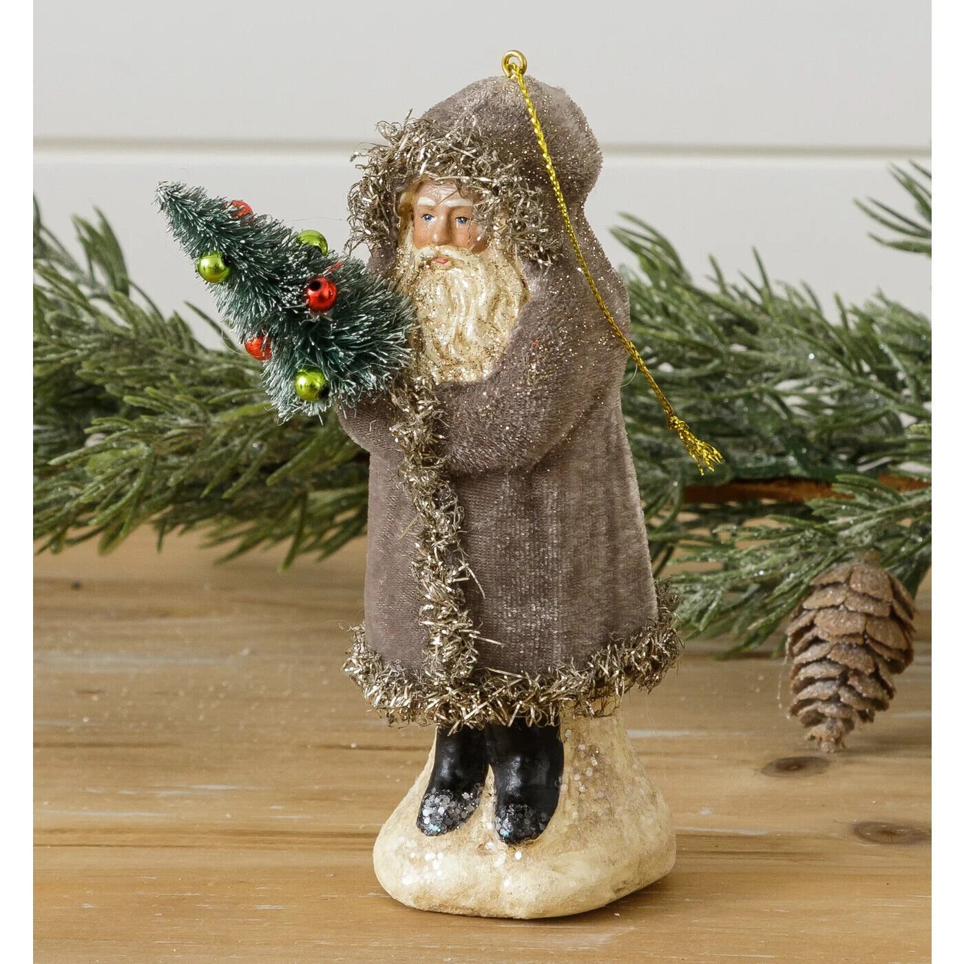 Primitive Christmas Grey Belsnickle Santa Holding Tree Ornament 5.75" - The Primitive Pineapple Collection