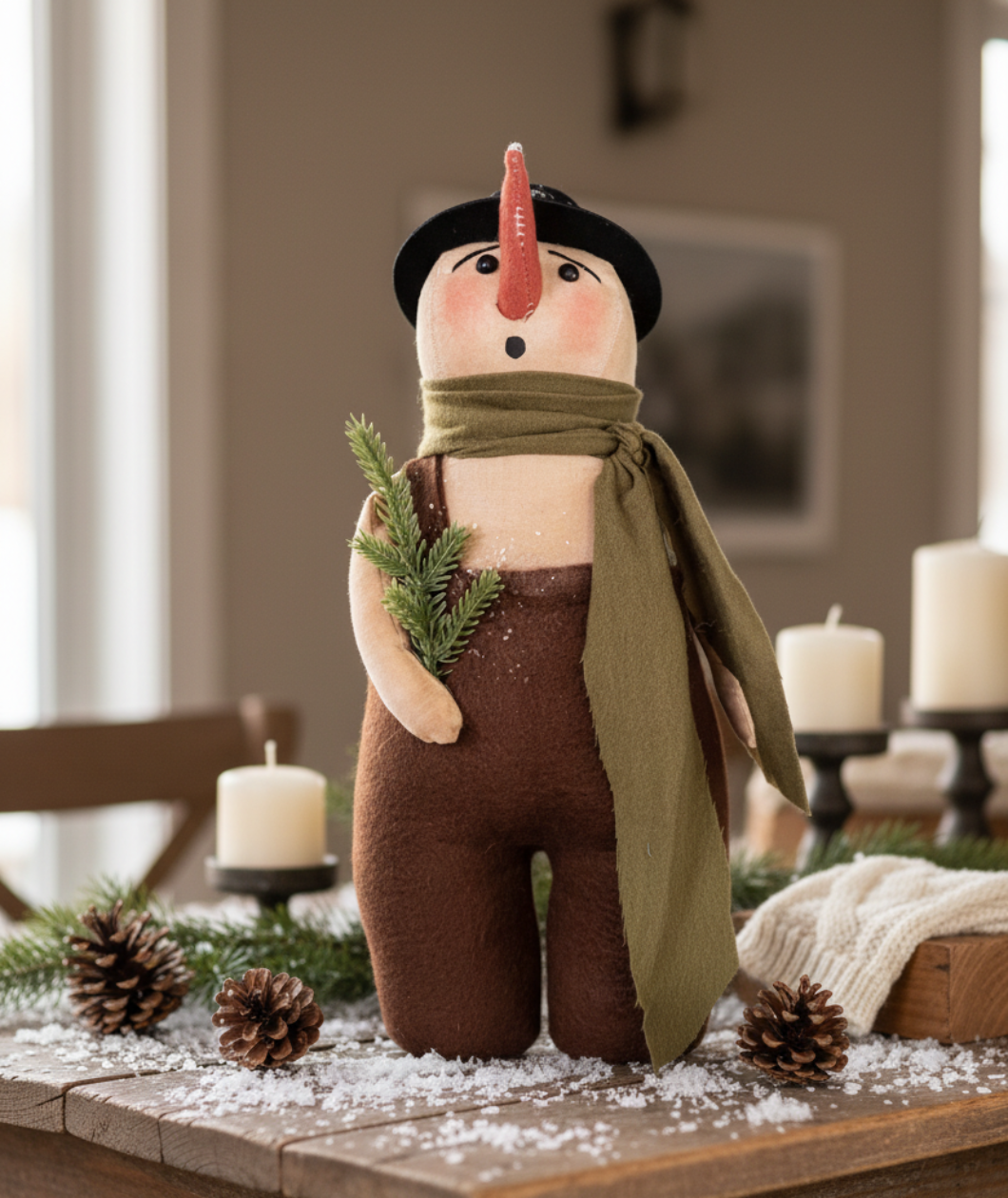 Primitive Christmas Handcrafted Snowy Sal Snowman w/ Holiday Greens 13" - The Primitive Pineapple Collection
