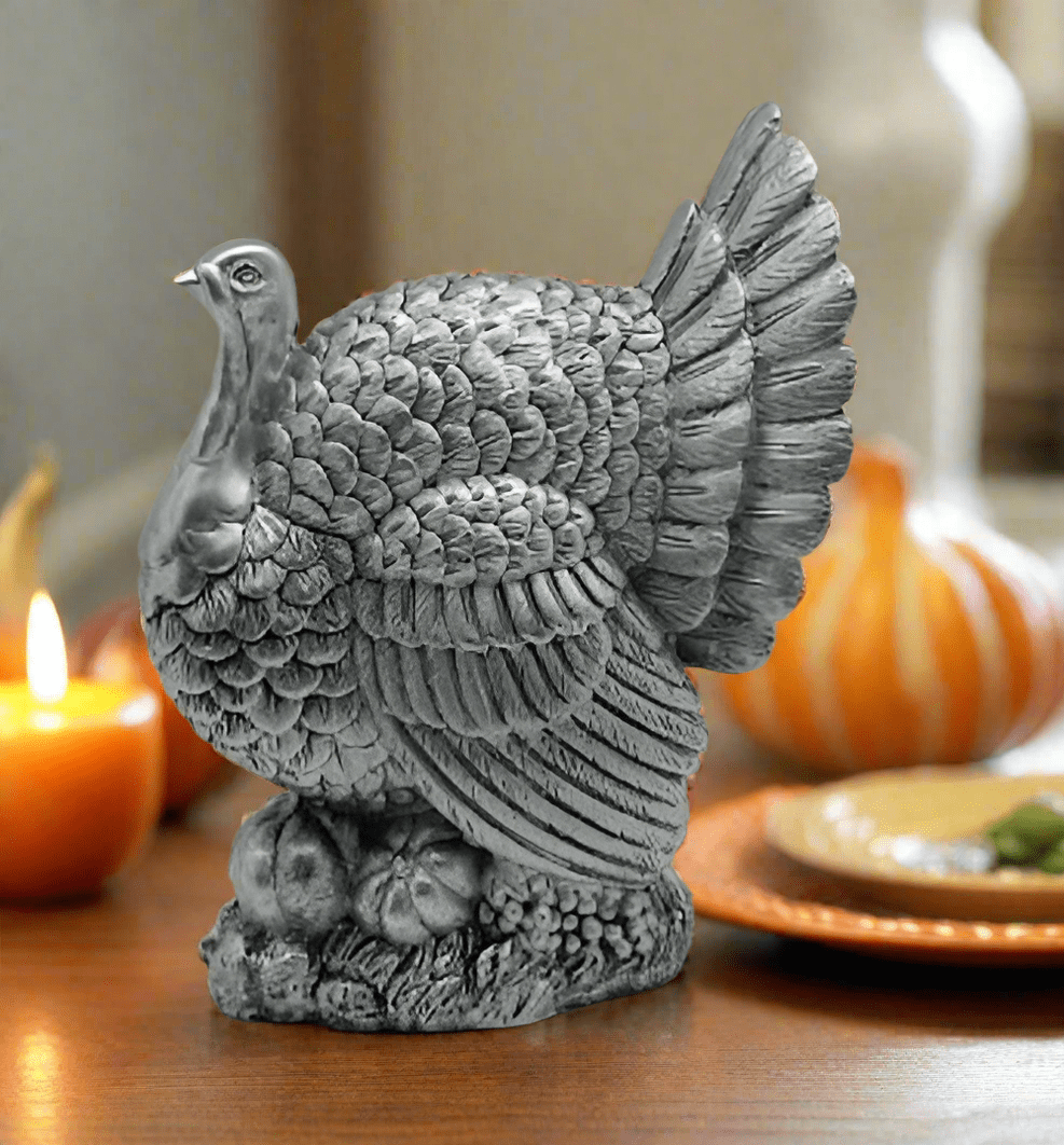Primitive Farmhouse 10" Silver Resin Detailed Thanksgiving Turkey Figurine. - The Primitive Pineapple Collection