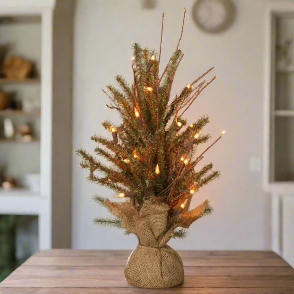 Primitive Christmas Tree German Fir 20 Lights, 18" H Pre Lit Tabletop Rustic - The Primitive Pineapple Collection