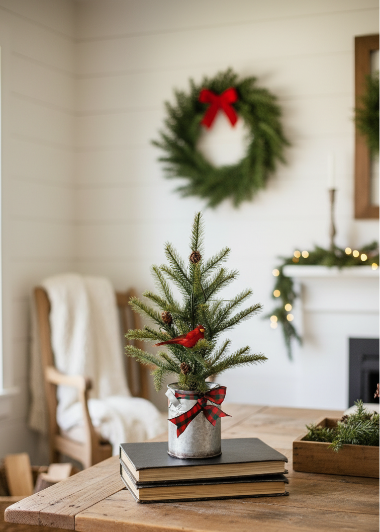Primitive/Country Christmas Tabletop Evergreen Tree in Milk Can/Cardinal Bird - The Primitive Pineapple Collection